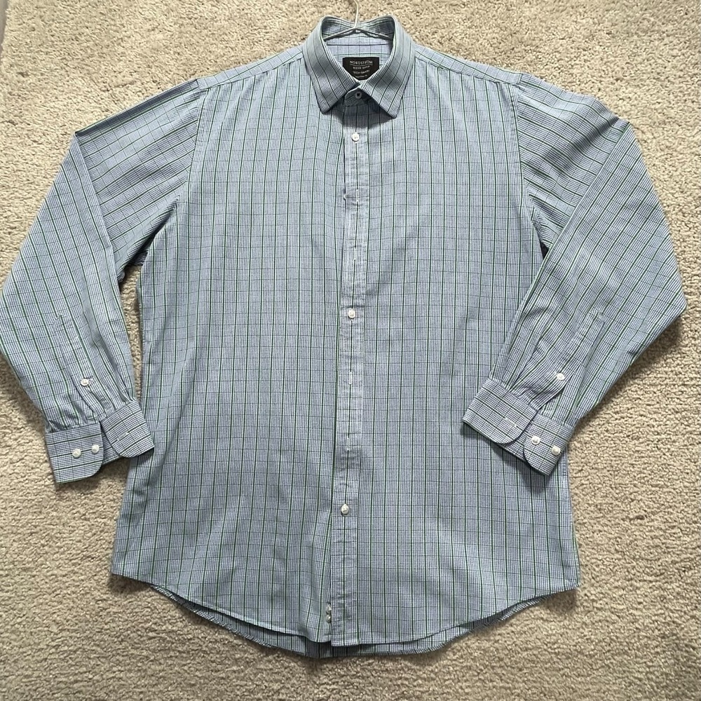 Nordstrom Shirt Men's‎ 16 Blue Green Lined Checked Button Up Tech-Smart Cotton